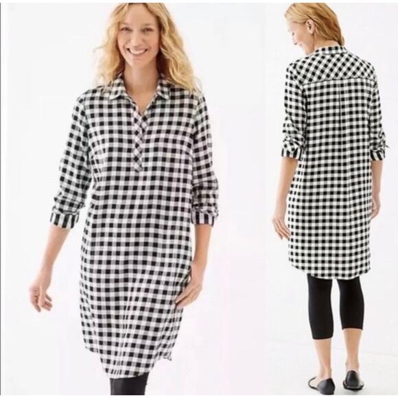 J Jill Gingham Tunic Shirt Dress Roll Tab Sleeves Pockets Size Medium Black - Picture 8 of 8